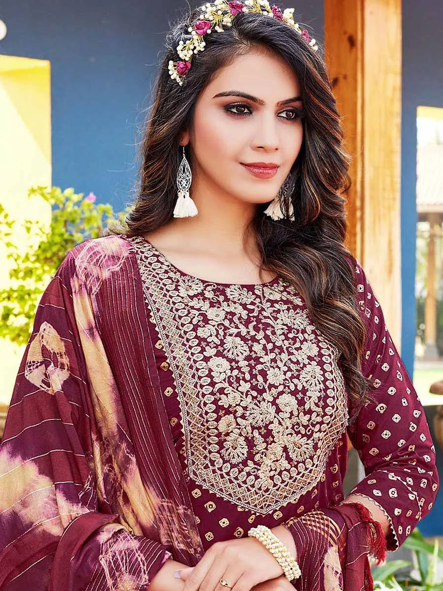 Maroon Viscose Stitched Readymade Suit with Dupatta
