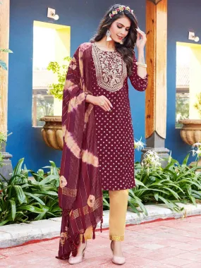 Maroon Viscose Stitched Readymade Suit with Dupatta