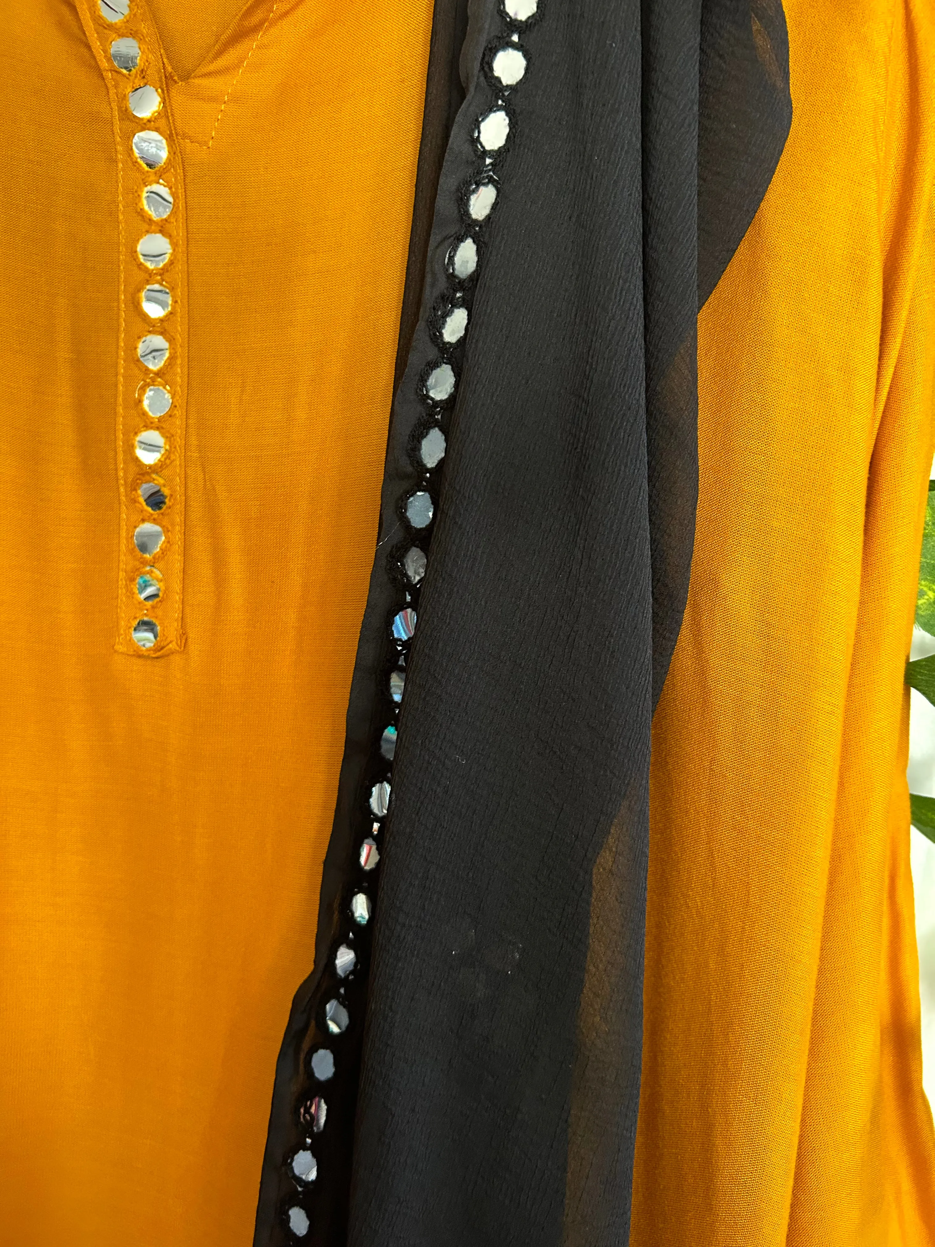 Mustard Mirror work suit with Black Mirror work Dupatta