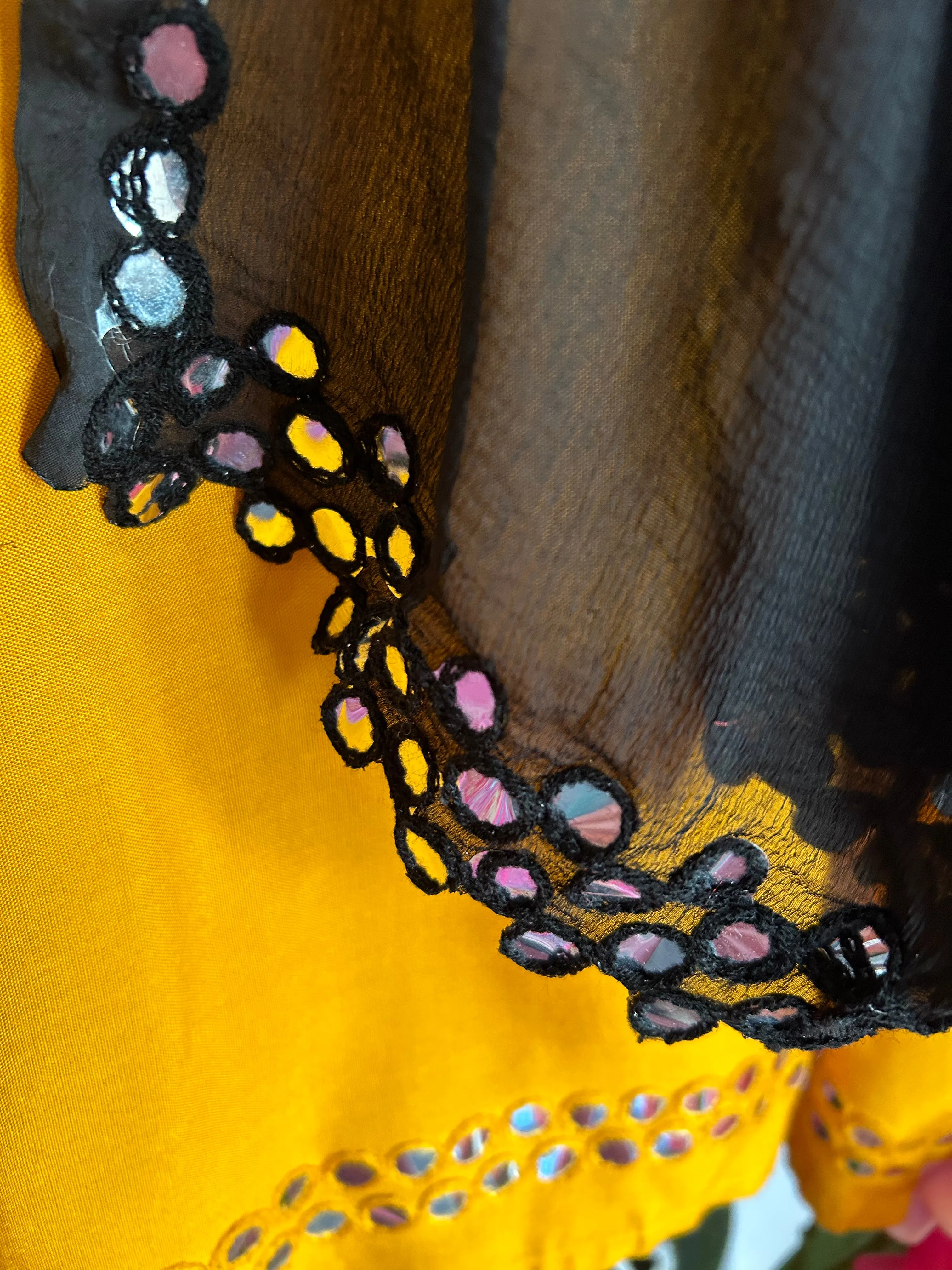 Mustard Mirror work suit with Black Mirror work Dupatta