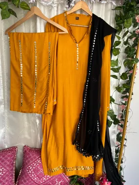 Mustard Mirror work suit with Black Mirror work Dupatta