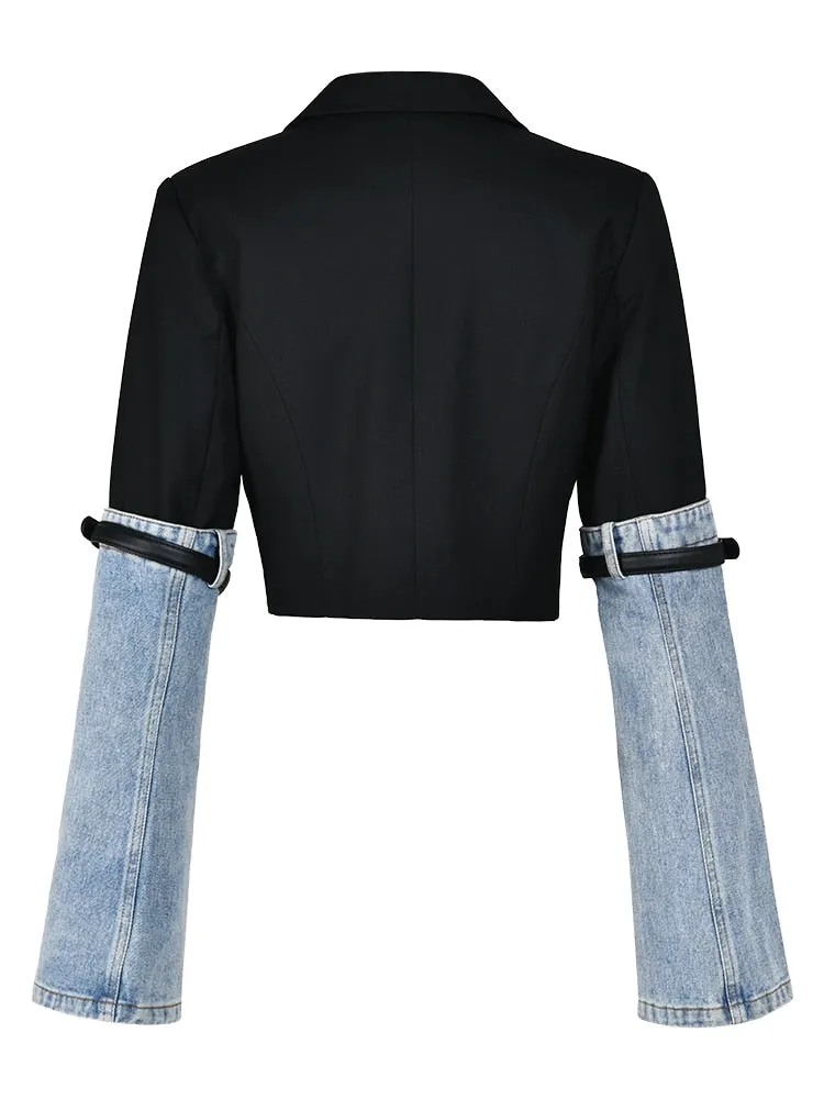 n Women's Denim Patchwork Blazer Notched Collar Single Button