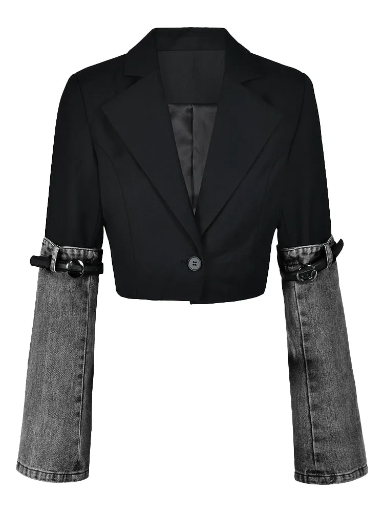 n Women's Denim Patchwork Blazer Notched Collar Single Button