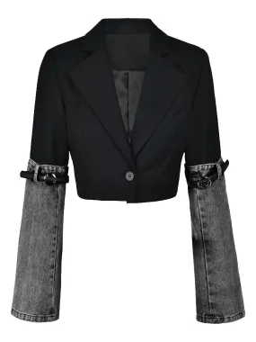 n Women's Denim Patchwork Blazer Notched Collar Single Button
