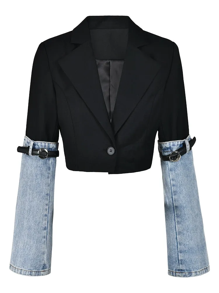 n Women's Denim Patchwork Blazer Notched Collar Single Button