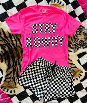 Neon pink comfort colors graphic tee CHECKERED STAY ROWDY - shorts available under style
