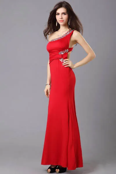New Fashion Red Long One Shoulder High Waist Sexy Evening Dress