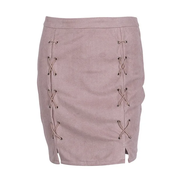 New fashion Women Ladies High Waist Pencil Skirts button lace patchwork sexy Bodycon Suede Leather split party casual Mini Skirt