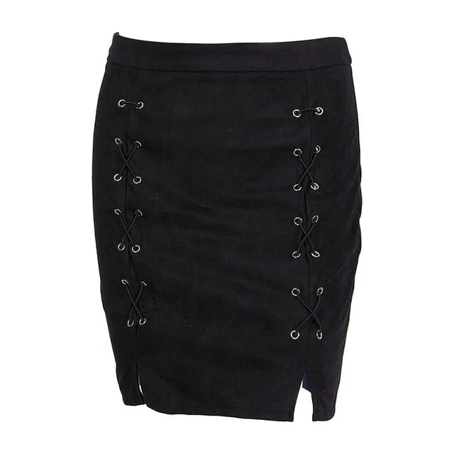 New fashion Women Ladies High Waist Pencil Skirts button lace patchwork sexy Bodycon Suede Leather split party casual Mini Skirt