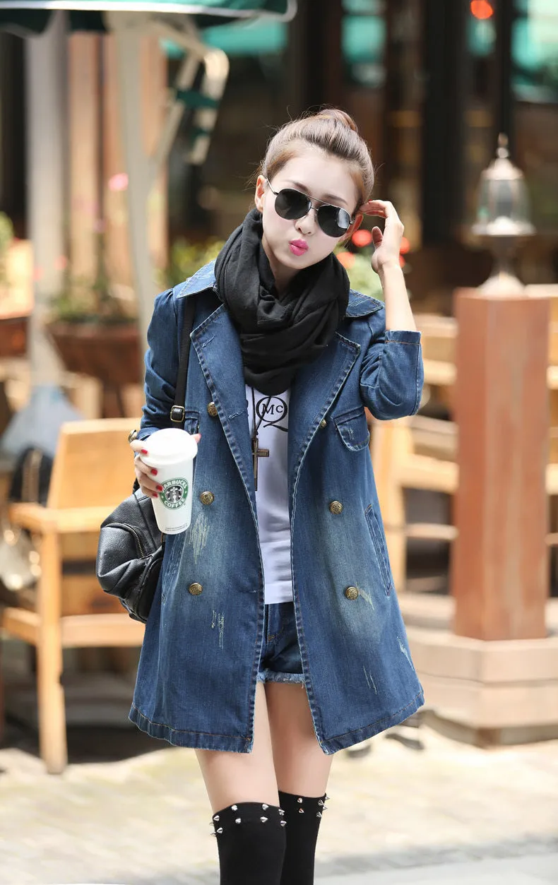 New Mid Leisure Ddouble Breasted Denim Windbreaker Coat