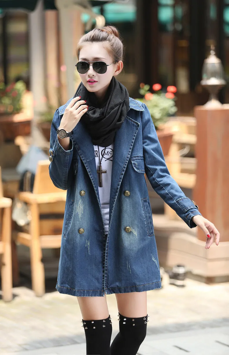 New Mid Leisure Ddouble Breasted Denim Windbreaker Coat