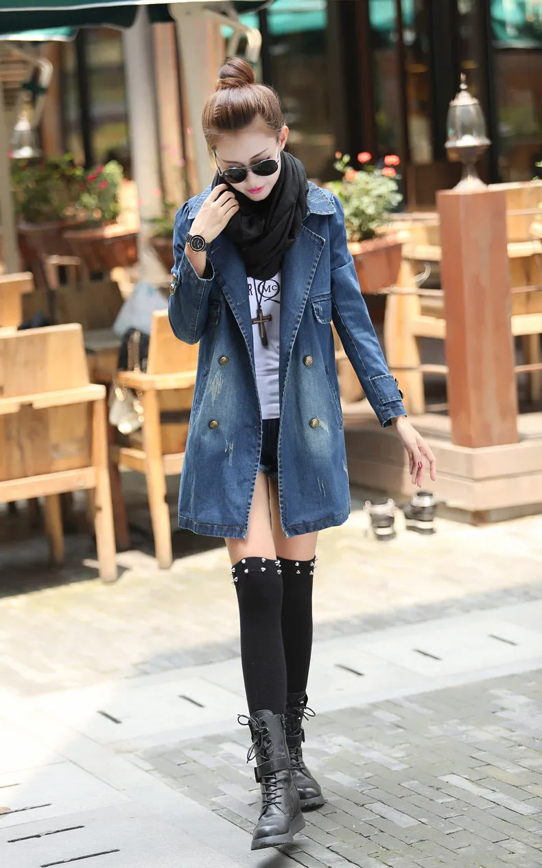 New Mid Leisure Ddouble Breasted Denim Windbreaker Coat