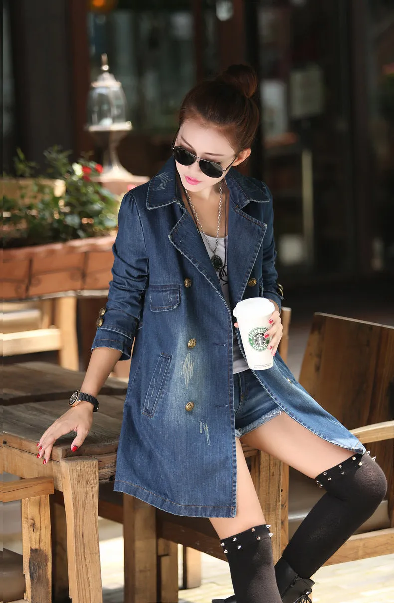 New Mid Leisure Ddouble Breasted Denim Windbreaker Coat