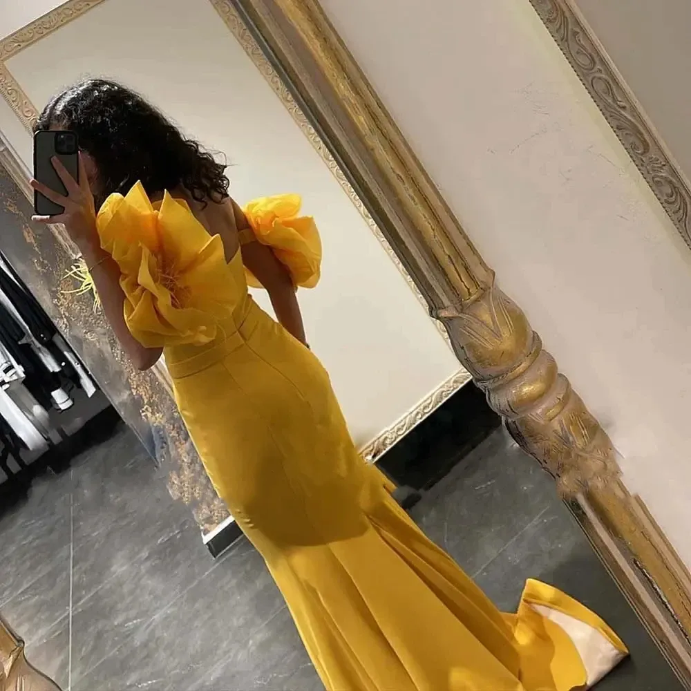 New Yellow Simple Evening Dresses Sweetheart Belt Feathers Party Prom Gowns Elegant Off Shoulder Backless