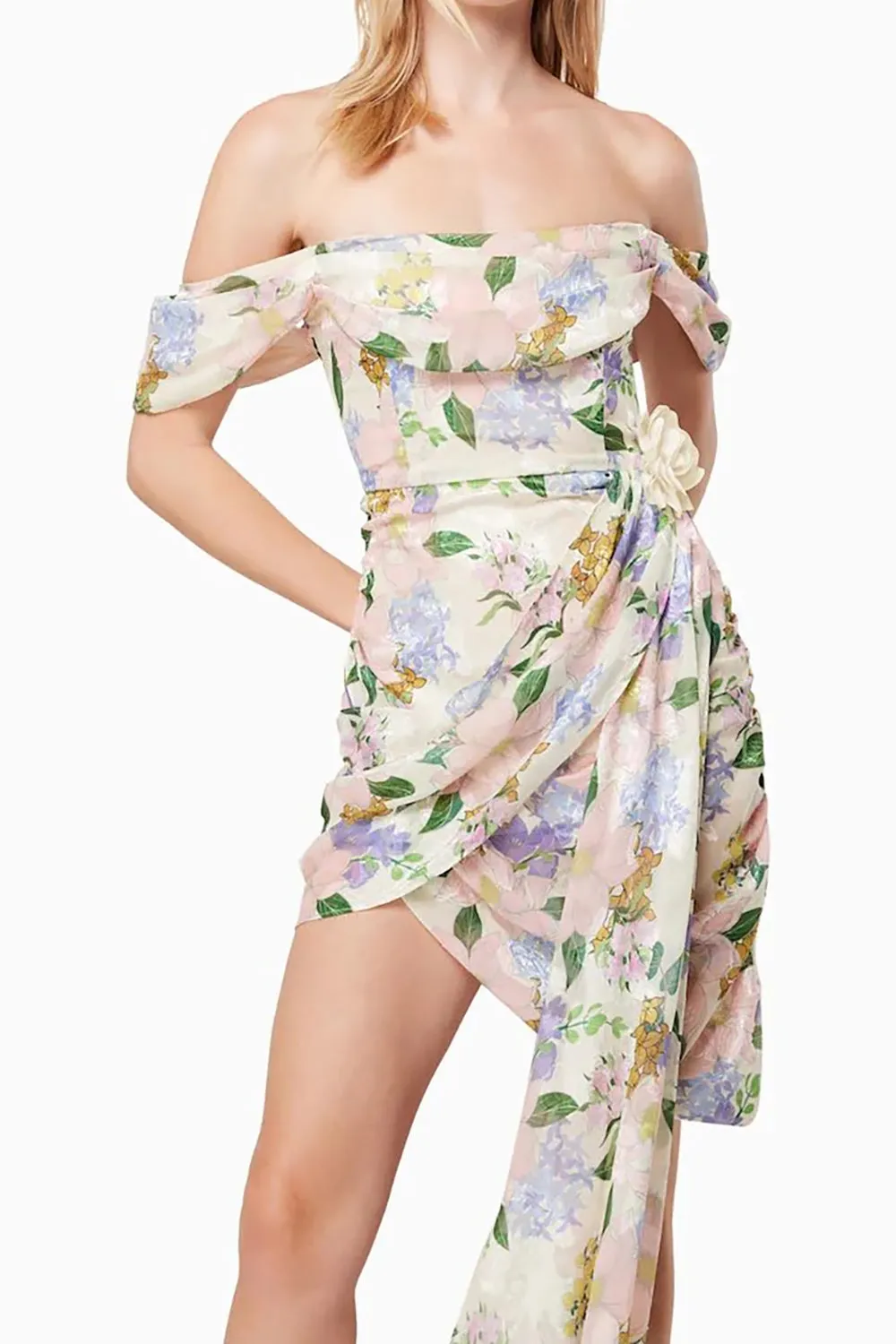 Off-shoulder Floral Printed Asymmetric Mini Dress