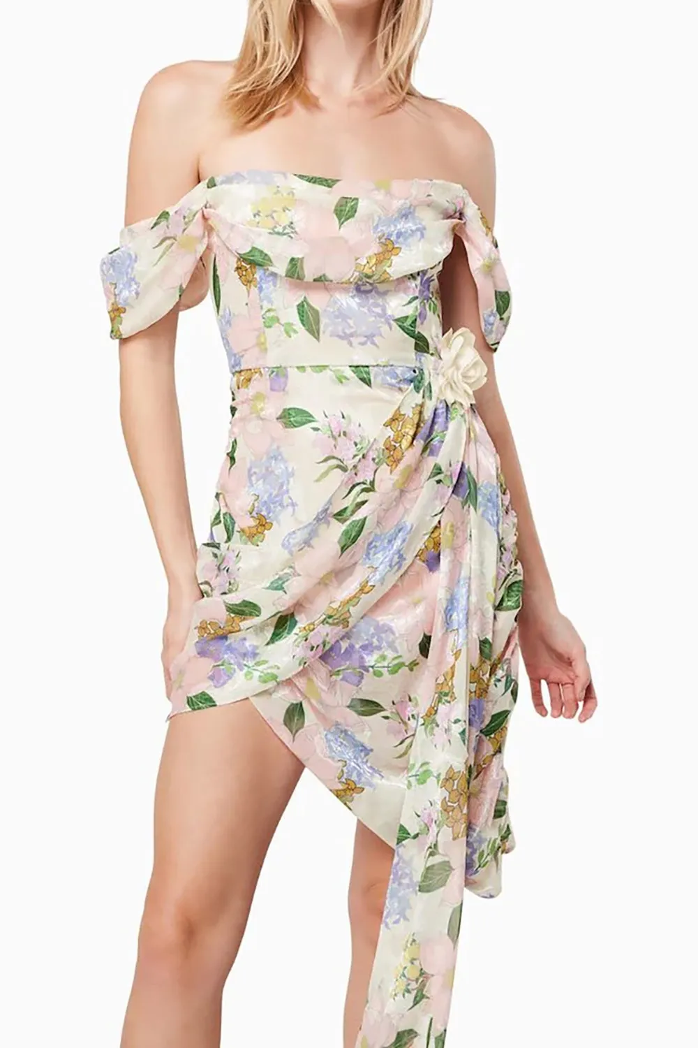 Off-shoulder Floral Printed Asymmetric Mini Dress