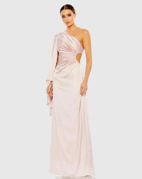 One Shoulder Bell Sleeve Draped Gown - Ballet Pink