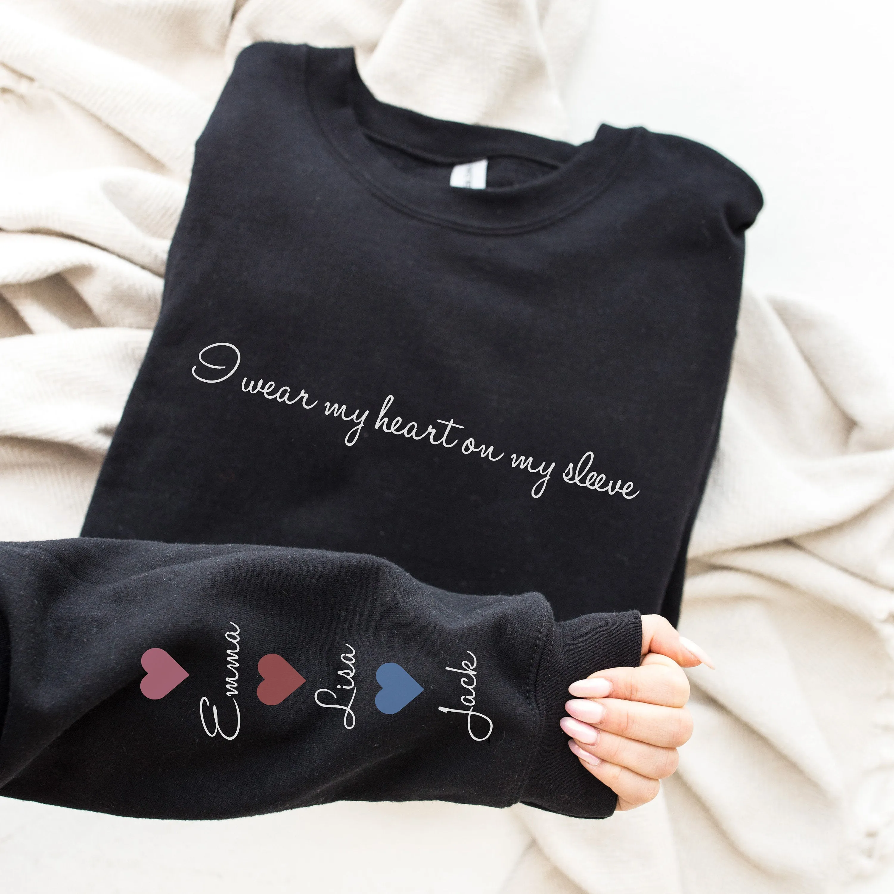 Personalized Mom Sweatshirt With Kid Names,Mom Sweatshirt,I Wear My Heart On My Sleeve,Mama Sweatshirt,Mothers Day Gift,Kids Names On Sleeve