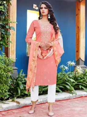 Pink Viscose Printed Stitched Suit with Dupatta