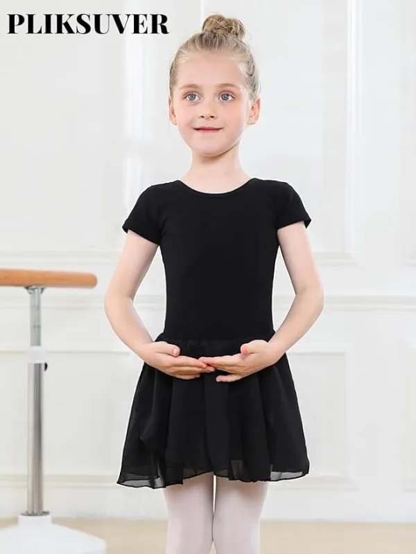 PLIKSUVER Girls Ballet Dress Short Sleeve Ballet Outfit Gymnastics Dance Leotard with Chiffon Skirt