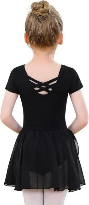 PLIKSUVER Girls Ballet Dress Short Sleeve Ballet Outfit Gymnastics Dance Leotard with Chiffon Skirt