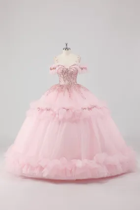 Princess Blush Ball Gown Cold Shoulder Ruffles Tulle Quinceanera Dress with Sequined Embroidery
