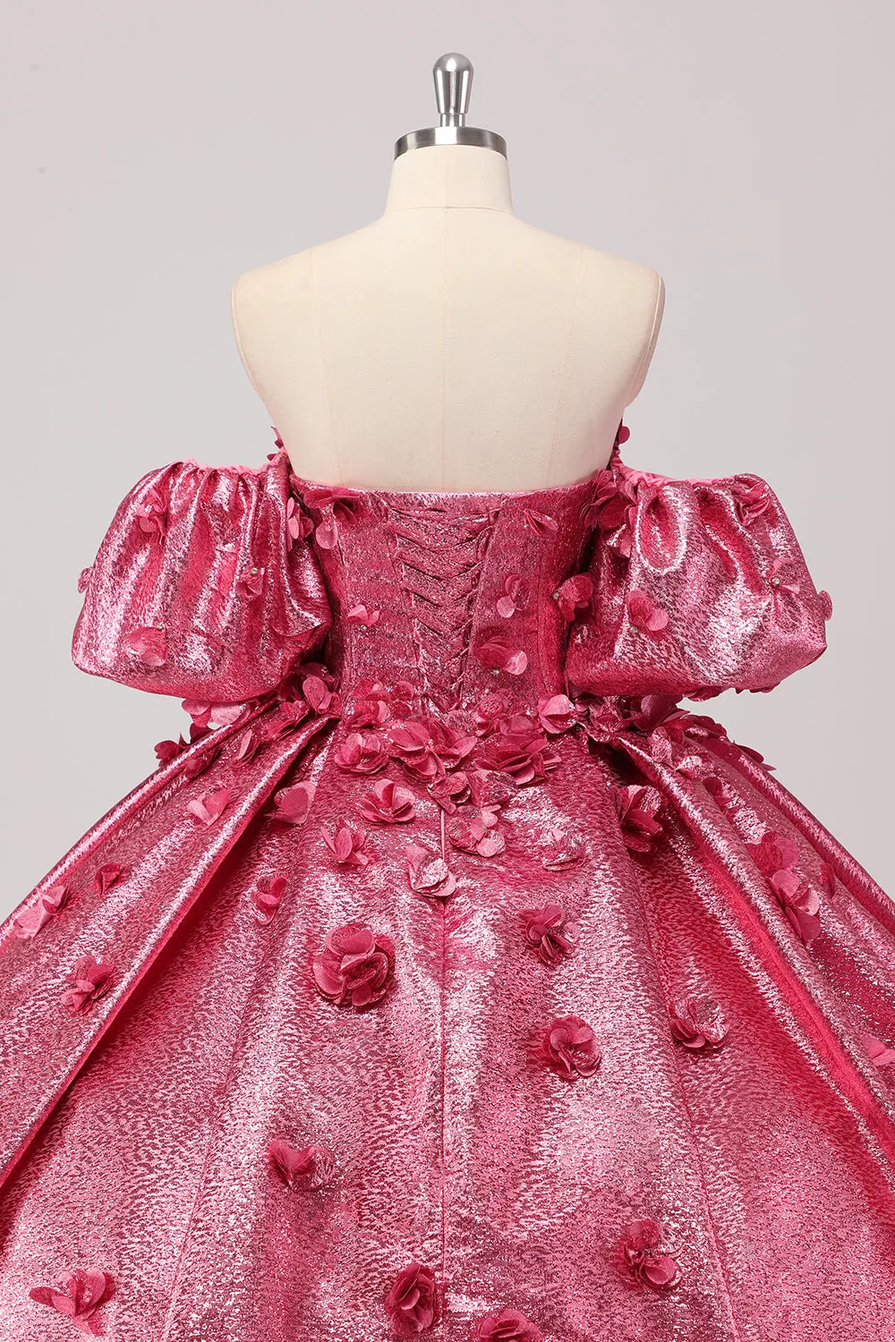 Princess Fuchsia Ball Gown Off the Shoulder Puff Sleeves Quinceanera Dress with 3D Flowers