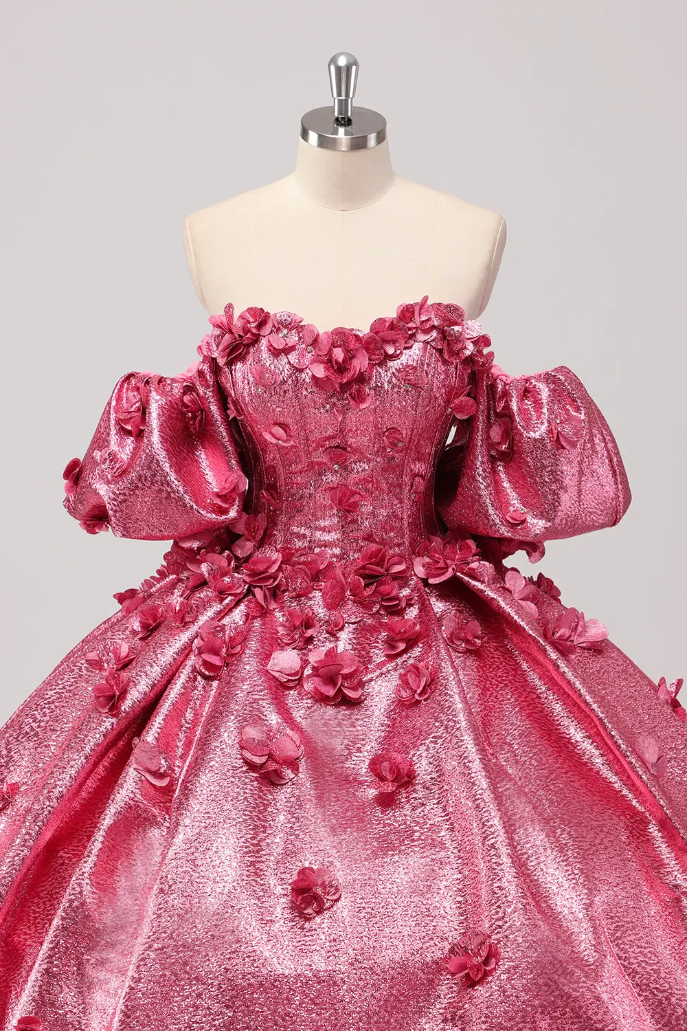 Princess Fuchsia Ball Gown Off the Shoulder Puff Sleeves Quinceanera Dress with 3D Flowers