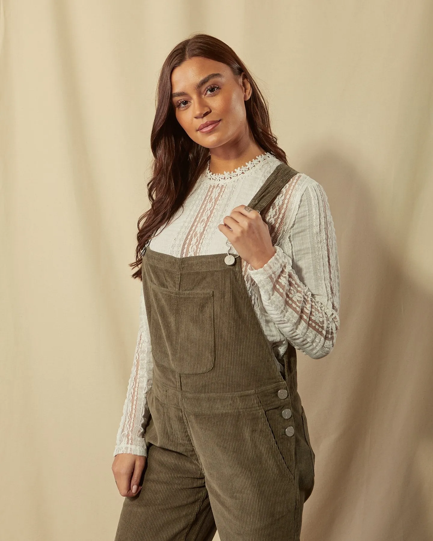 PRUE Corduroy Dungarees Loose Fit - Olive