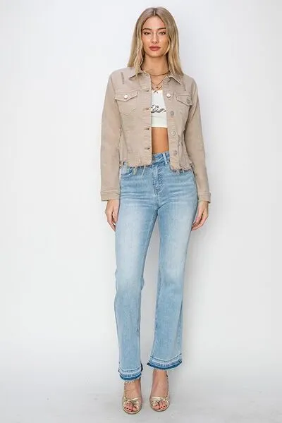 RISEN Raw Hem Button Up Cropped Denim Jacket