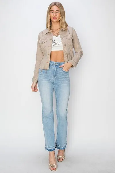 RISEN Raw Hem Button Up Cropped Denim Jacket