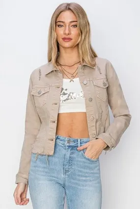 RISEN Raw Hem Button Up Cropped Denim Jacket