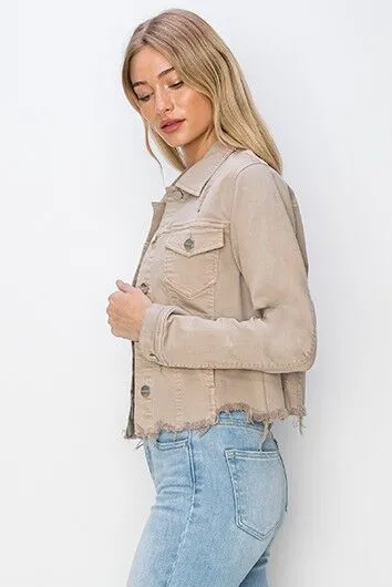 RISEN Raw Hem Button Up Cropped Denim Jacket