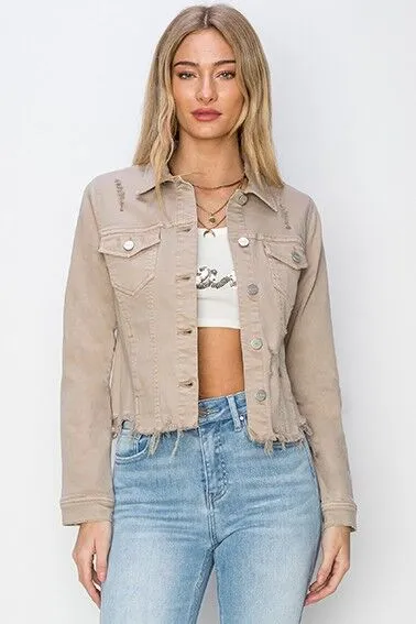 RISEN Raw Hem Button Up Cropped Denim Jacket