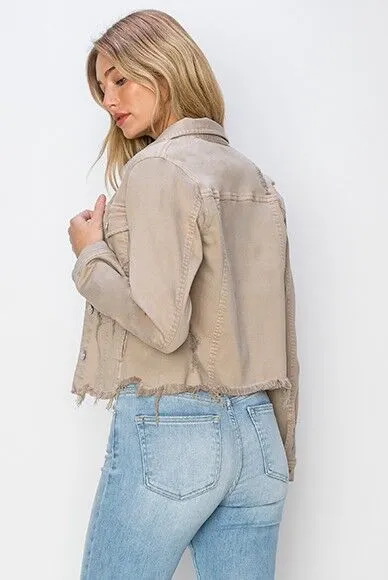 RISEN Raw Hem Button Up Cropped Denim Jacket