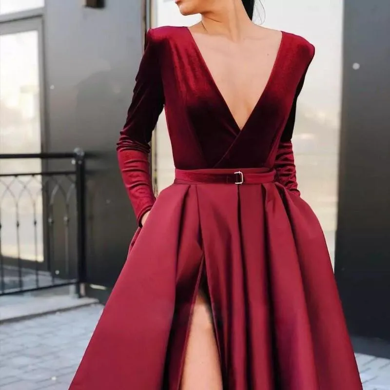 Satin Wedding Dress Gown Prom Party Dress Long Sleeve High Split Maxi Gowns