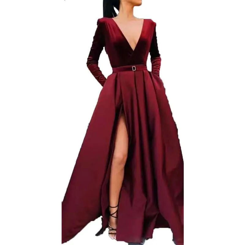 Satin Wedding Dress Gown Prom Party Dress Long Sleeve High Split Maxi Gowns
