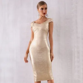 sd-hk Gold Sequin Midi Dress Short Sleeve Bodycon Party Dress