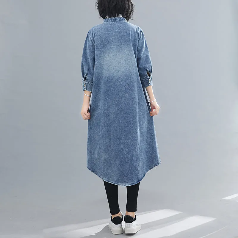 Short Sleeve Small Stand Collar Loose Casual Denim Dress