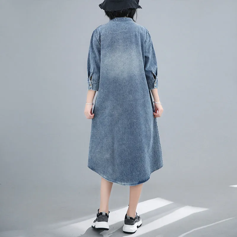 Short Sleeve Small Stand Collar Loose Casual Denim Dress