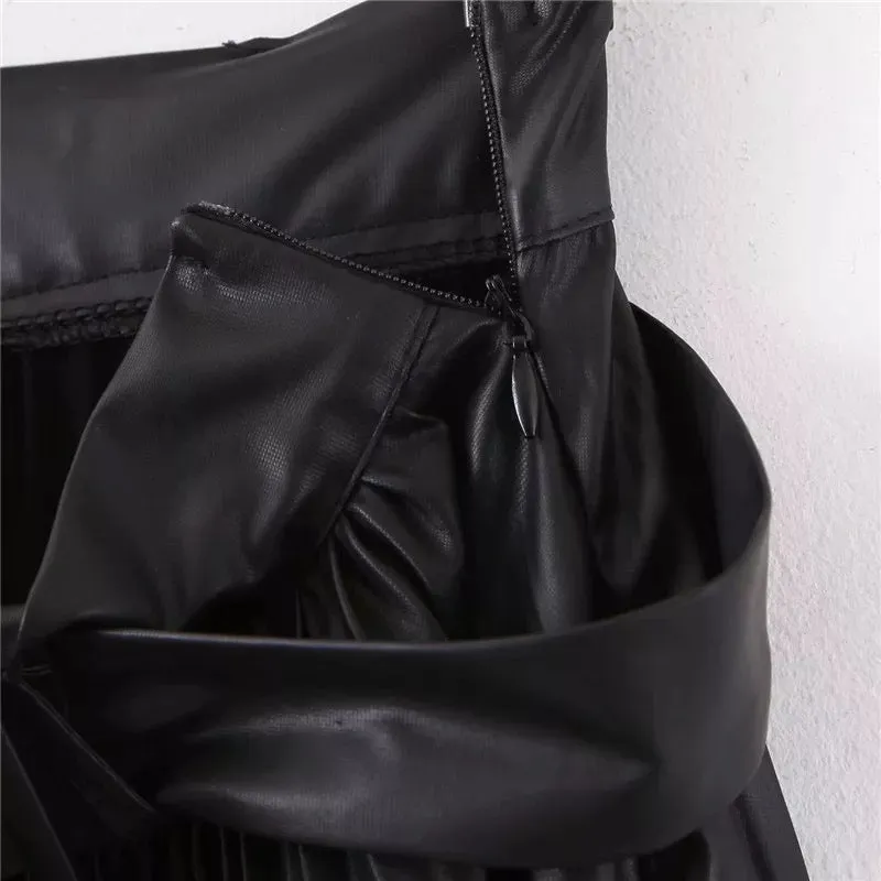 Stylish PU Leather Pleated Skirt with Belt
