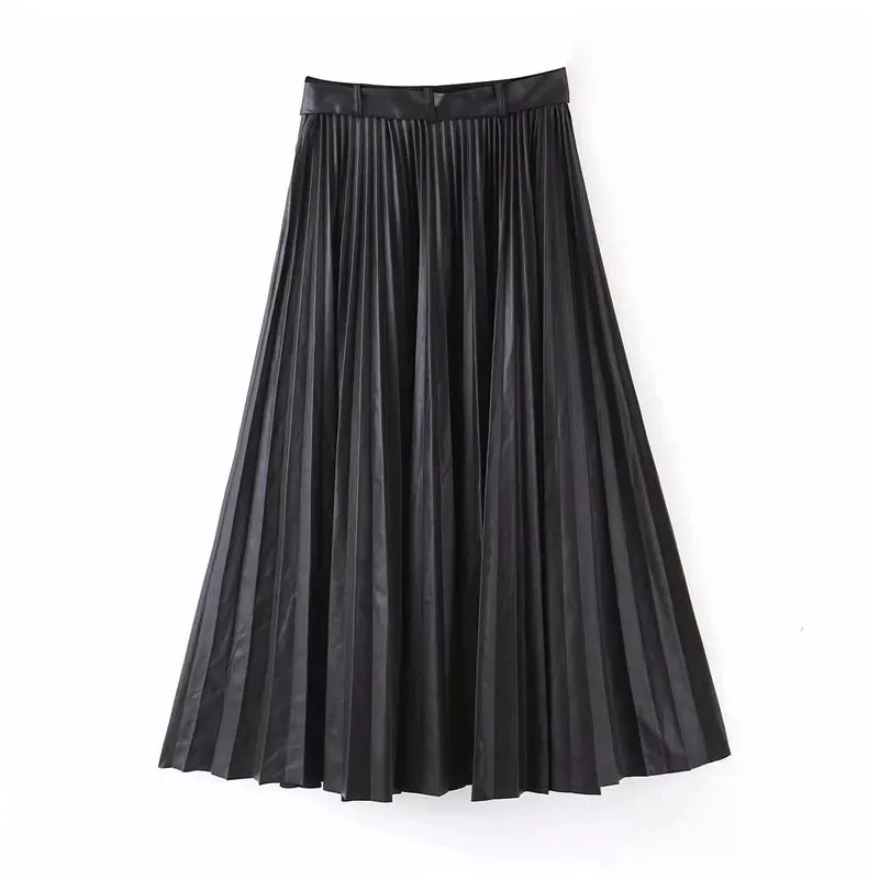 Stylish PU Leather Pleated Skirt with Belt