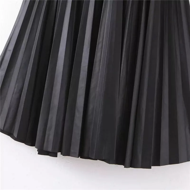 Stylish PU Leather Pleated Skirt with Belt
