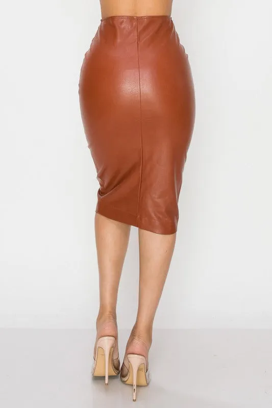 SUPER STRETCH FAUX LEATHER FRONT SLIT MIDI SKIRT