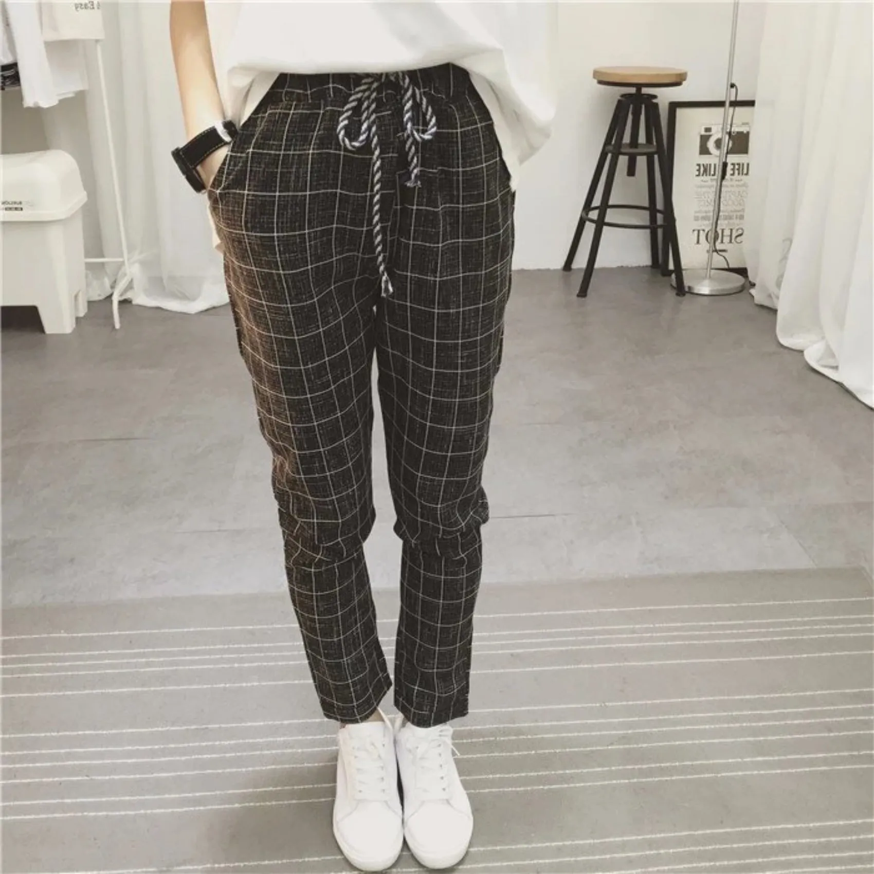 Women's Summer/Spring Casual Loose Cotton Plaid Pants