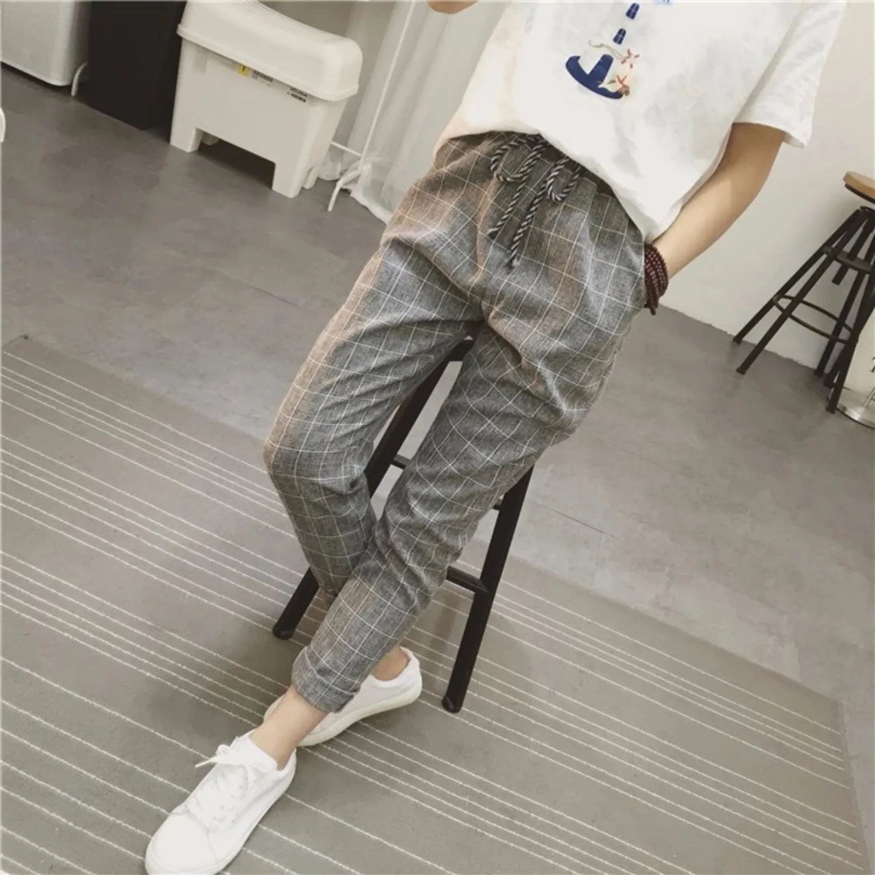 Women's Summer/Spring Casual Loose Cotton Plaid Pants