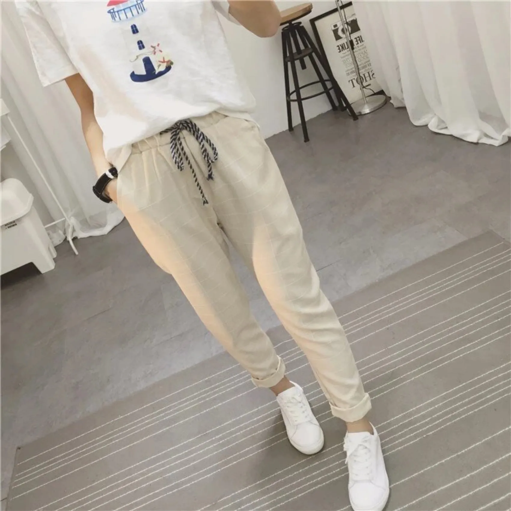 Women's Summer/Spring Casual Loose Cotton Plaid Pants