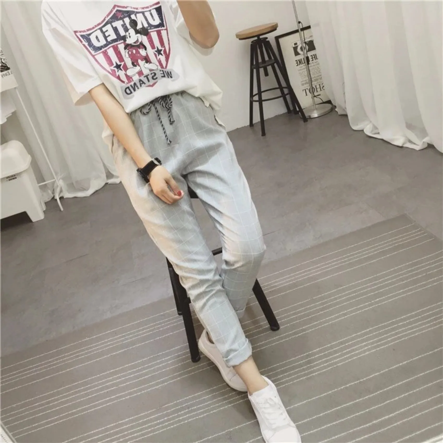 Women's Summer/Spring Casual Loose Cotton Plaid Pants