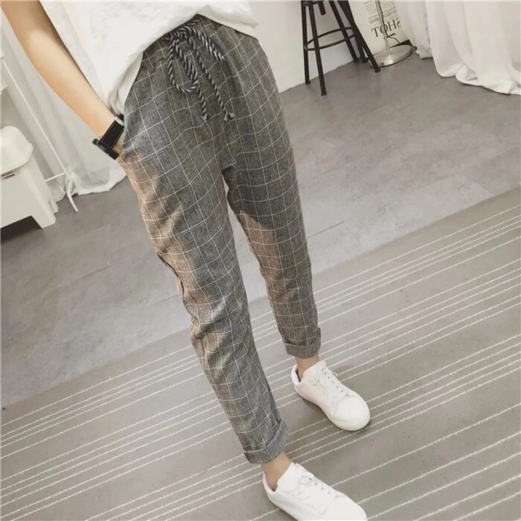 Women's Summer/Spring Casual Loose Cotton Plaid Pants