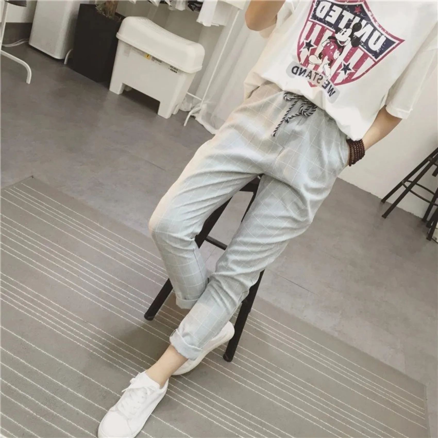 Women's Summer/Spring Casual Loose Cotton Plaid Pants